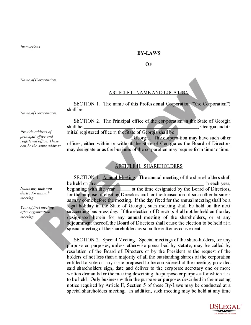 Get Sample Bylaws for a Georgia Professional Corporation Preview Sample Bylaws for a Georgia Professional Corporation