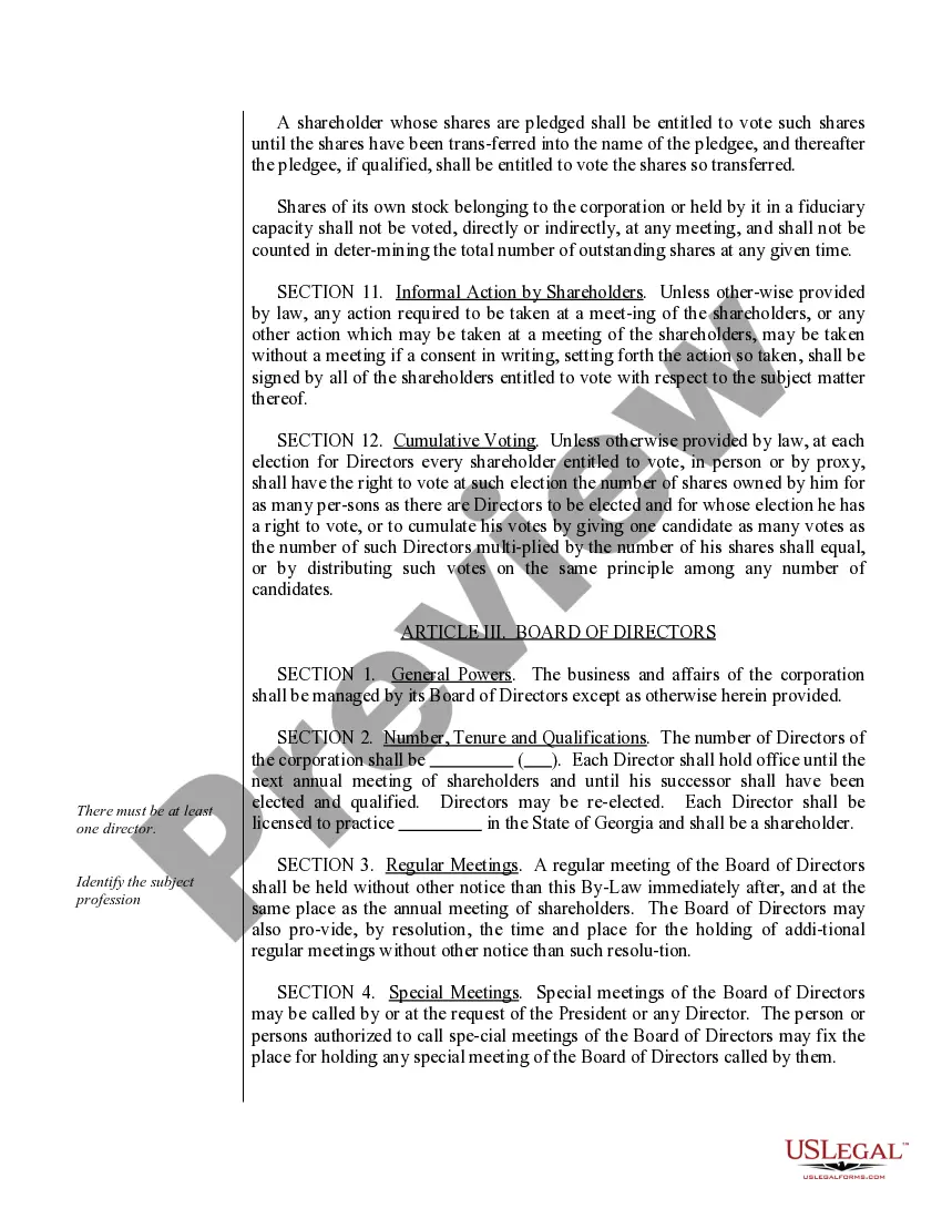 Get Sample Bylaws for a Georgia Professional Corporation Preview Sample Bylaws for a Georgia Professional Corporation