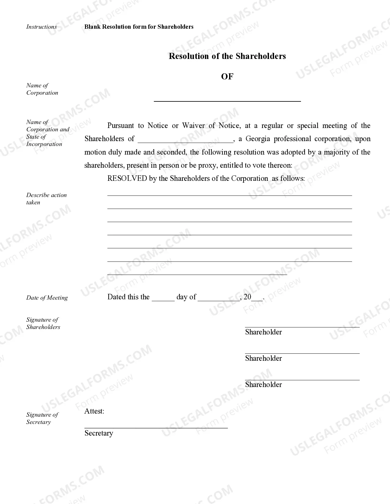 Preview Sample Corporate Records for a Georgia Professional Corporation
