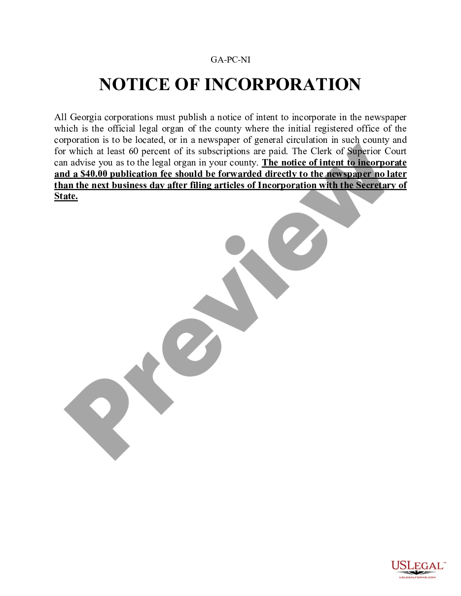 page 0 Notice of Incorporation of a Georgia Corporation preview