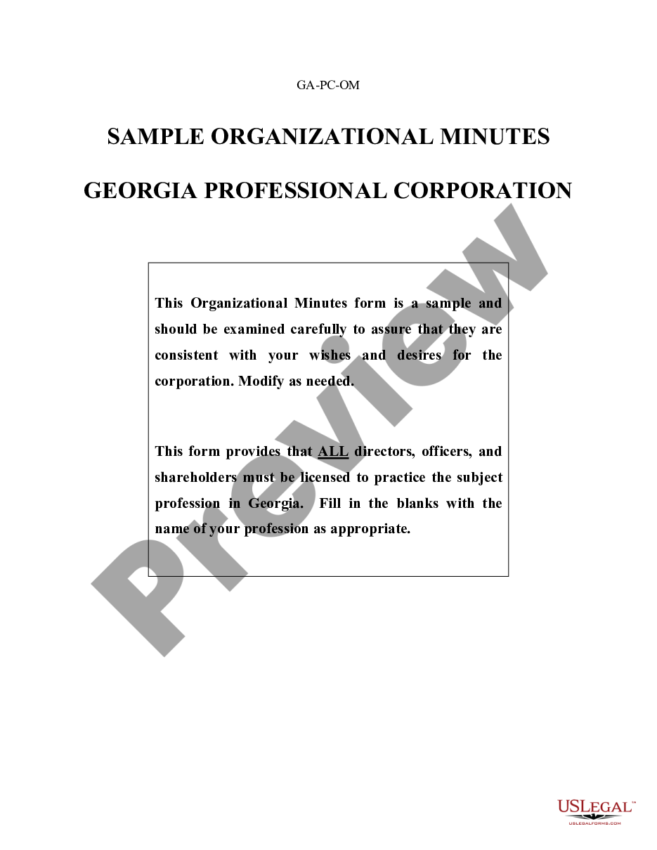 page 0 Organizational Minutes for a Georgia Professional Corporation preview