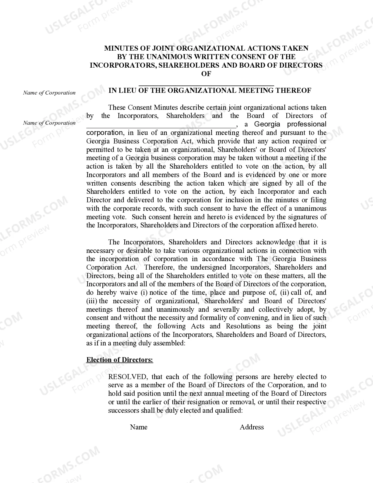 Preview Organizational Minutes for a Georgia Professional Corporation