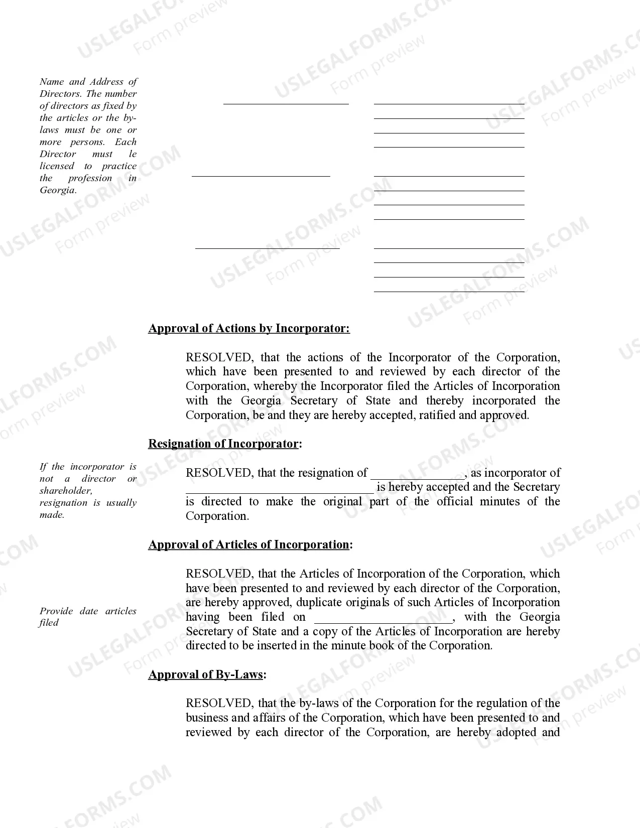 Preview Organizational Minutes for a Georgia Professional Corporation