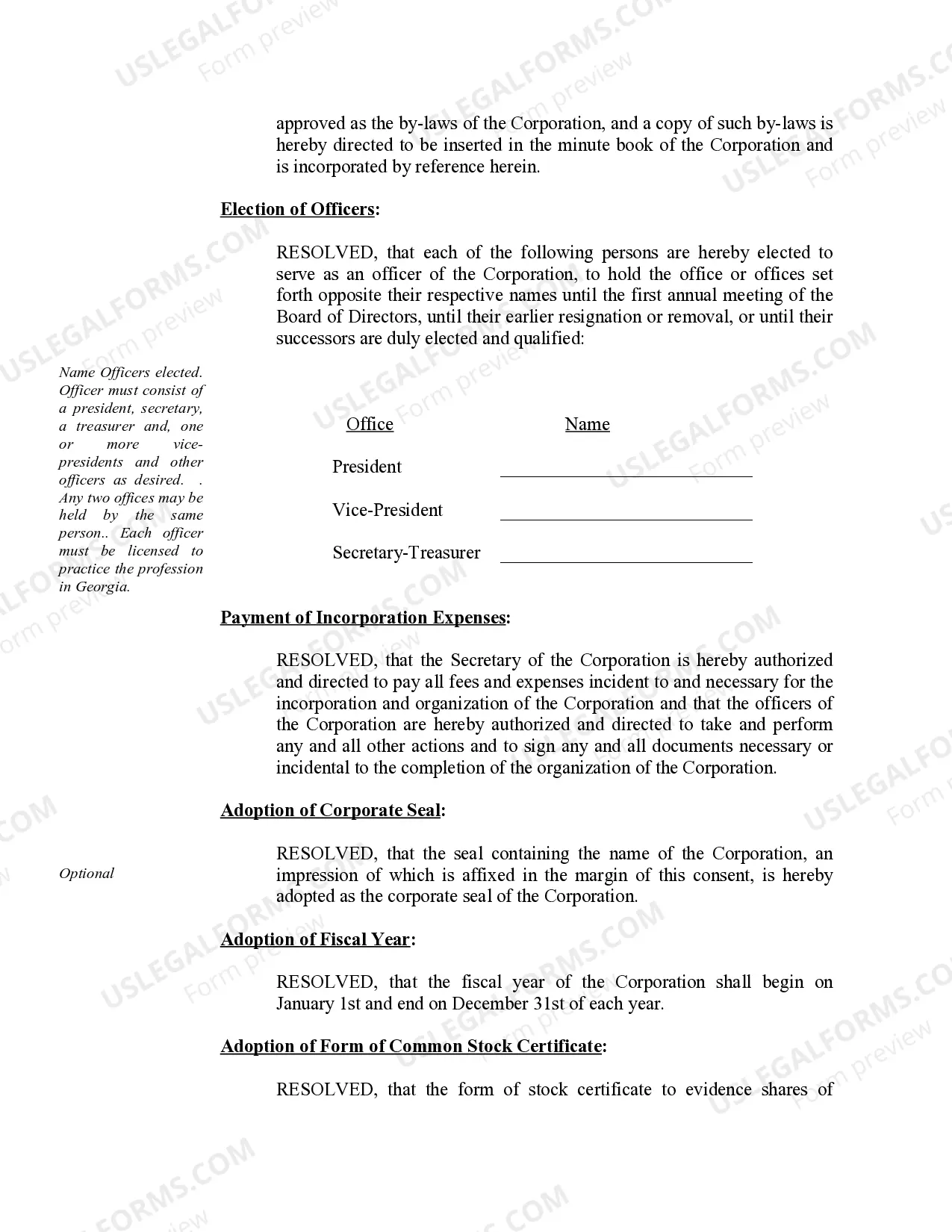 Preview Organizational Minutes for a Georgia Professional Corporation