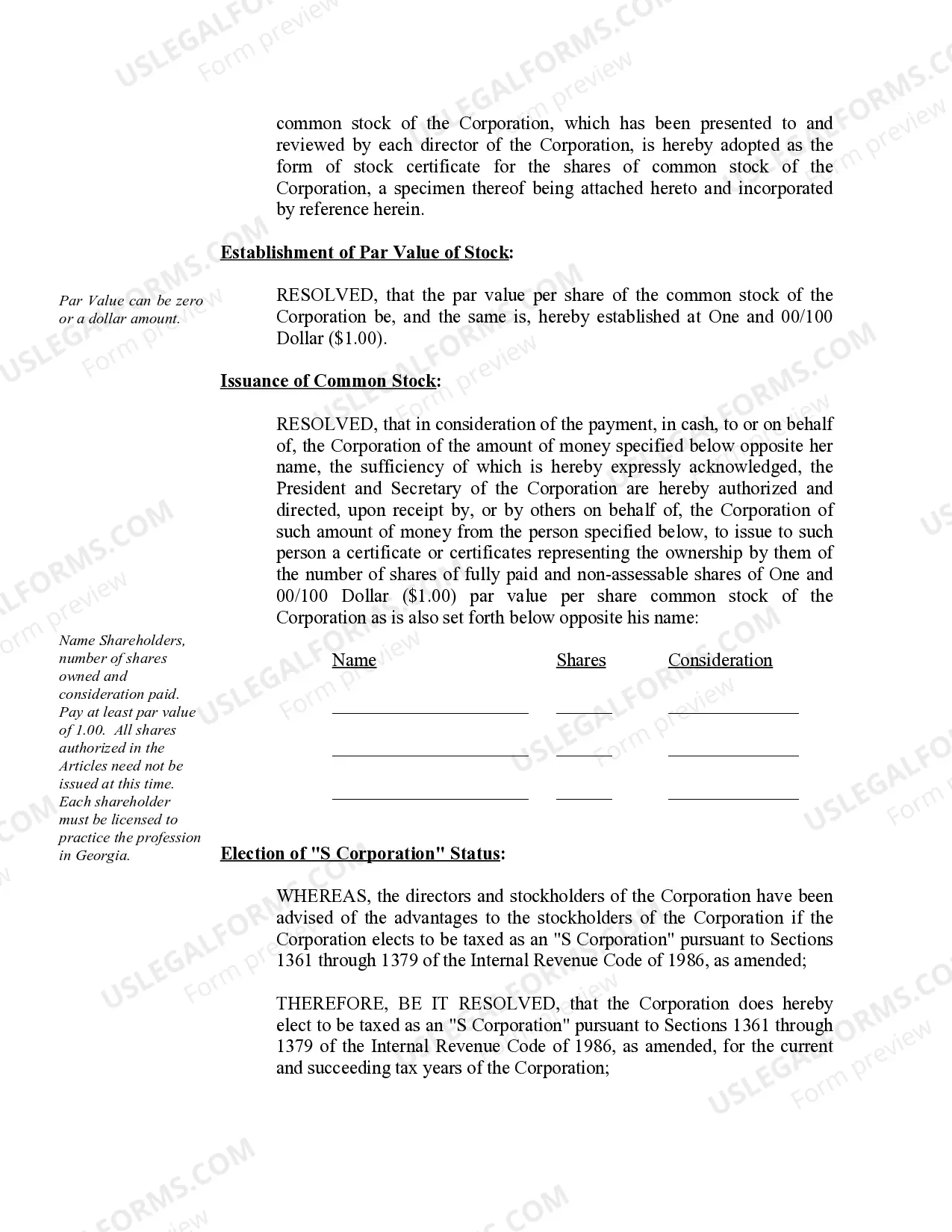 Preview Organizational Minutes for a Georgia Professional Corporation
