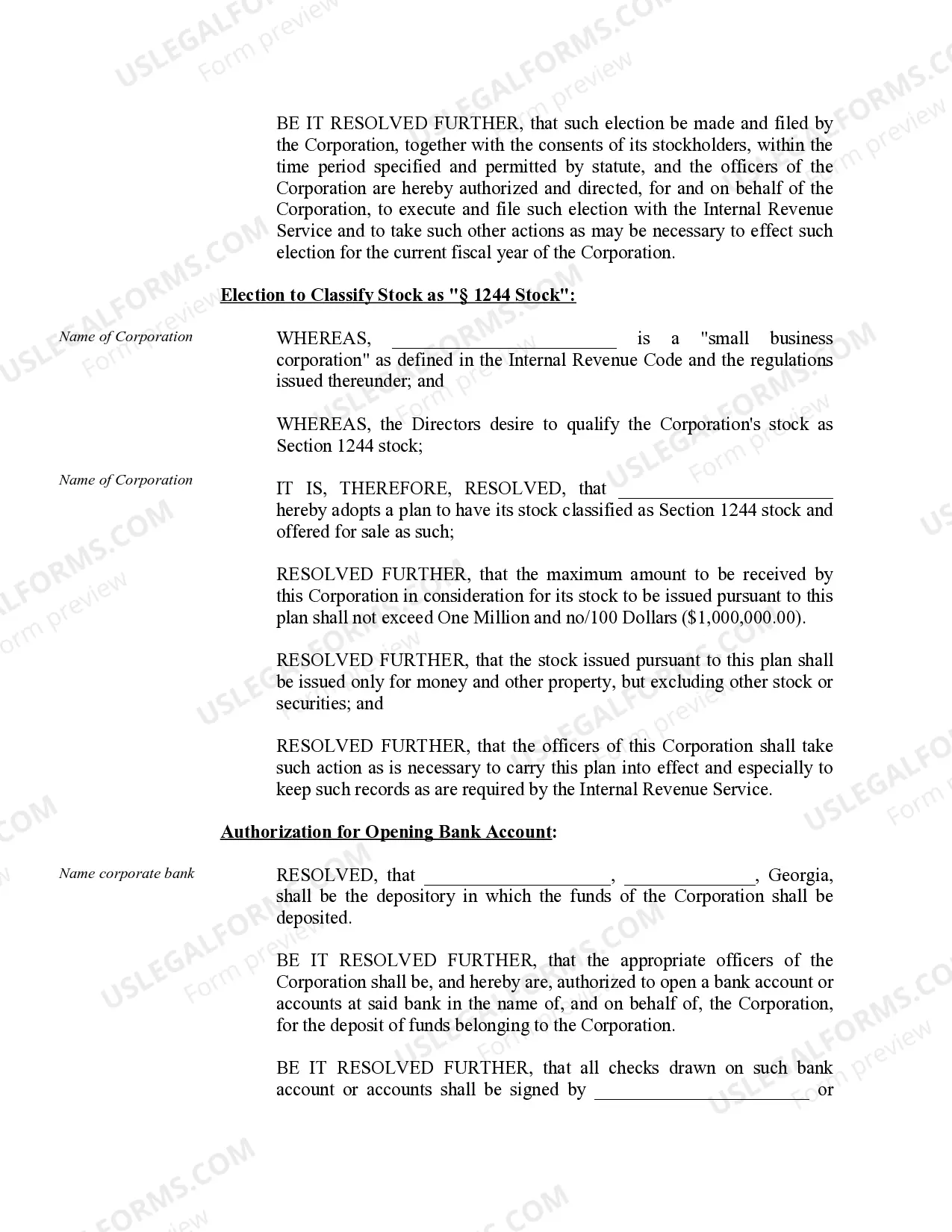 Preview Organizational Minutes for a Georgia Professional Corporation
