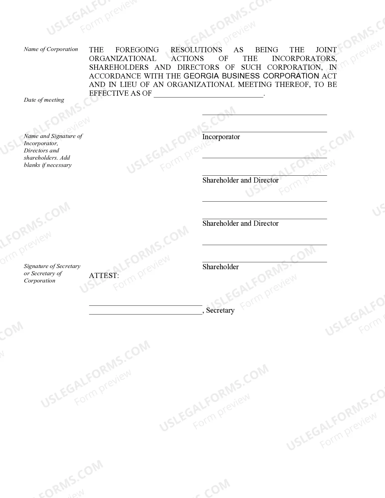 Preview Organizational Minutes for a Georgia Professional Corporation
