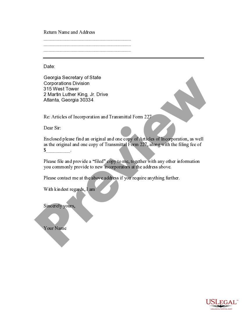 Sample Transmittal Letter for Articles of Incorporation