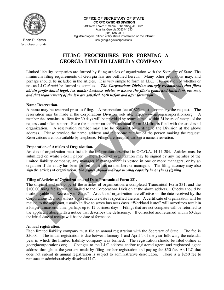 page 1 Articles of Organization for a Georgia Professional Limited Liability Company PLLC preview