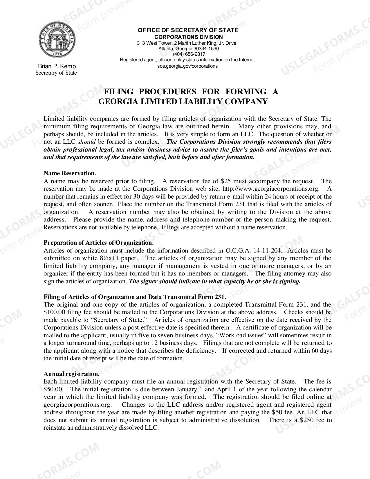 Preview Articles of Organization for a Georgia Professional Limited Liability Company PLLC
