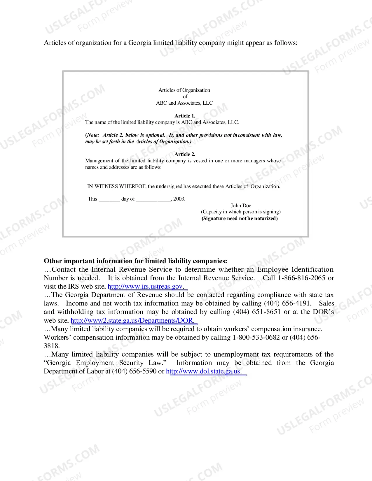 Preview Articles of Organization for a Georgia Professional Limited Liability Company PLLC