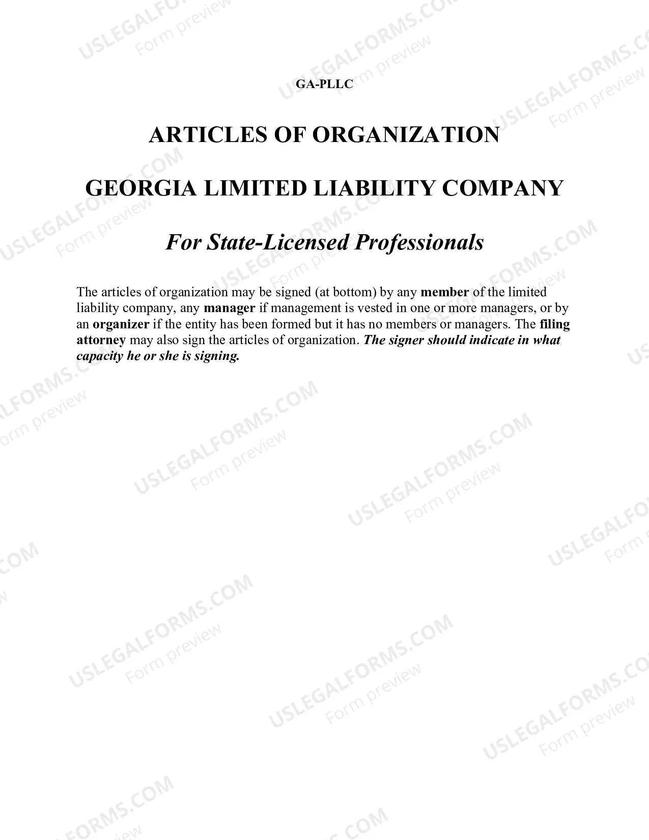 Preview Articles of Organization for a Georgia Professional Limited Liability Company PLLC