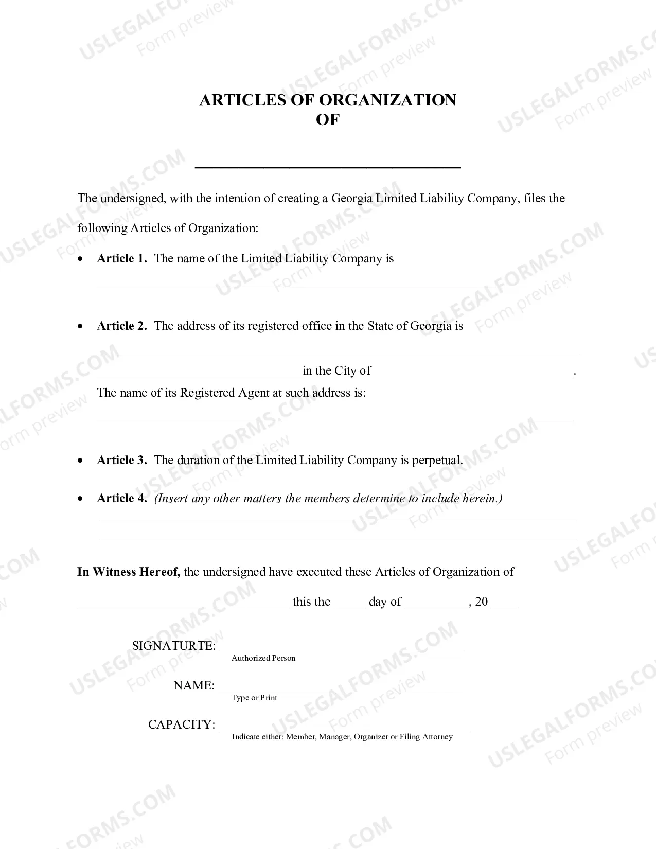Preview Articles of Organization for a Georgia Professional Limited Liability Company PLLC