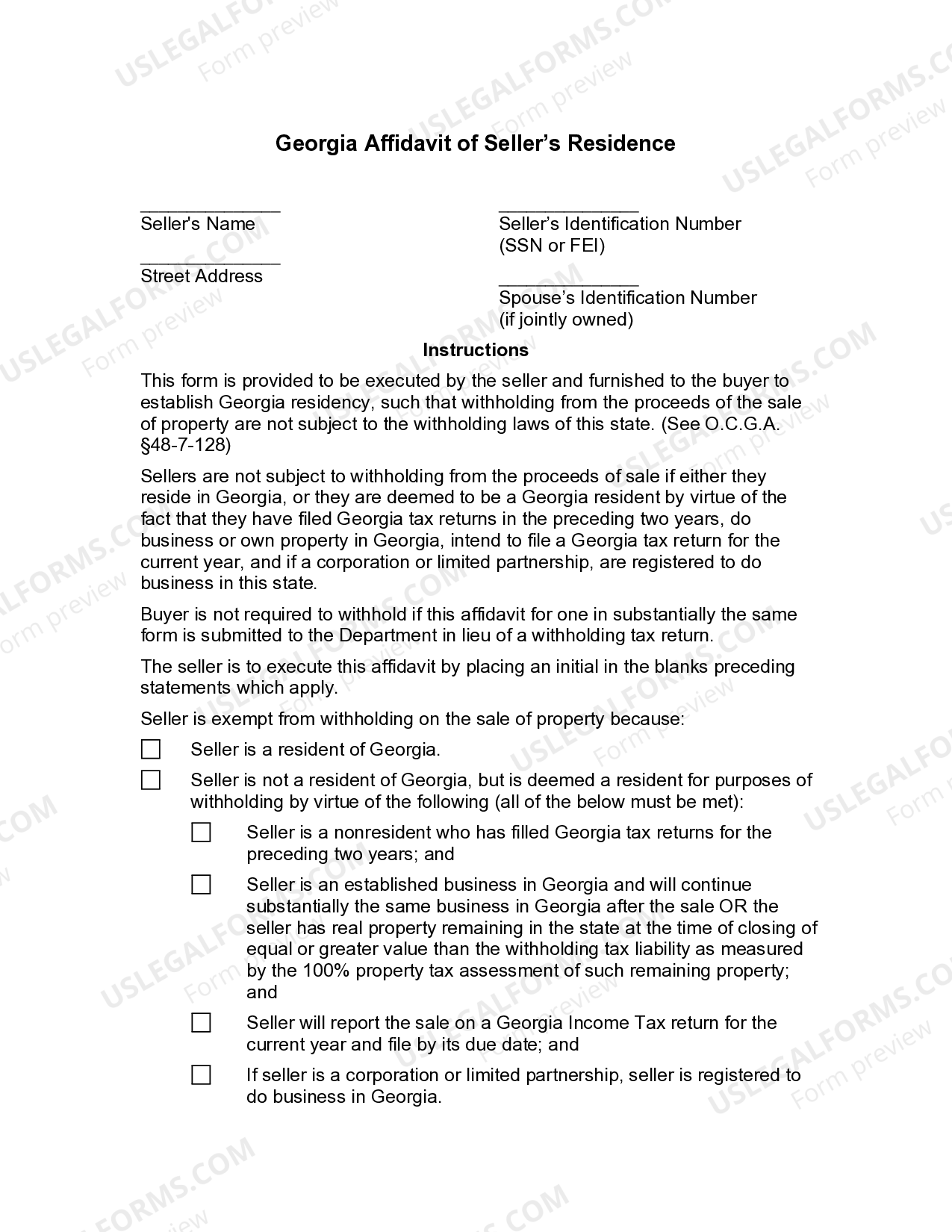 Affidavit of Seller's Residence US Legal Forms