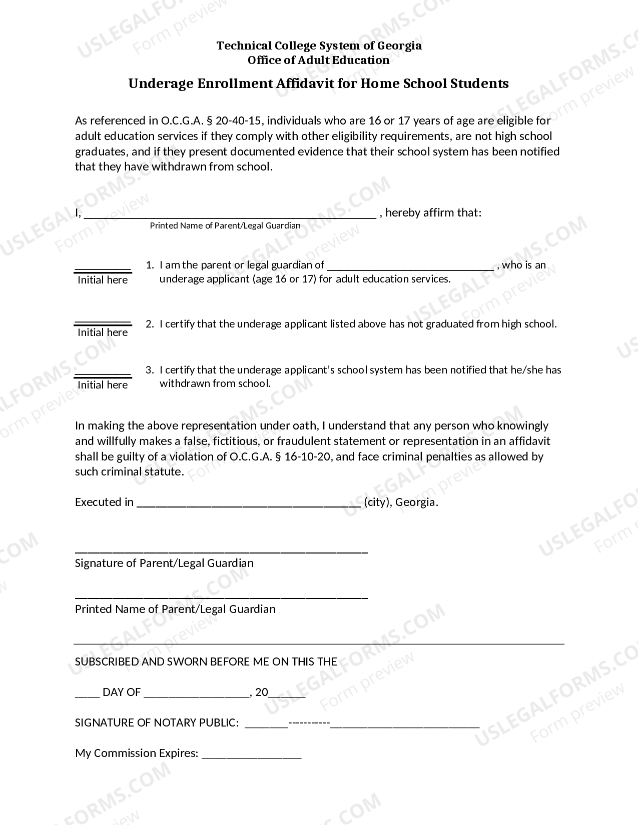 Underage Enrollment Affidavit for Home School Students US