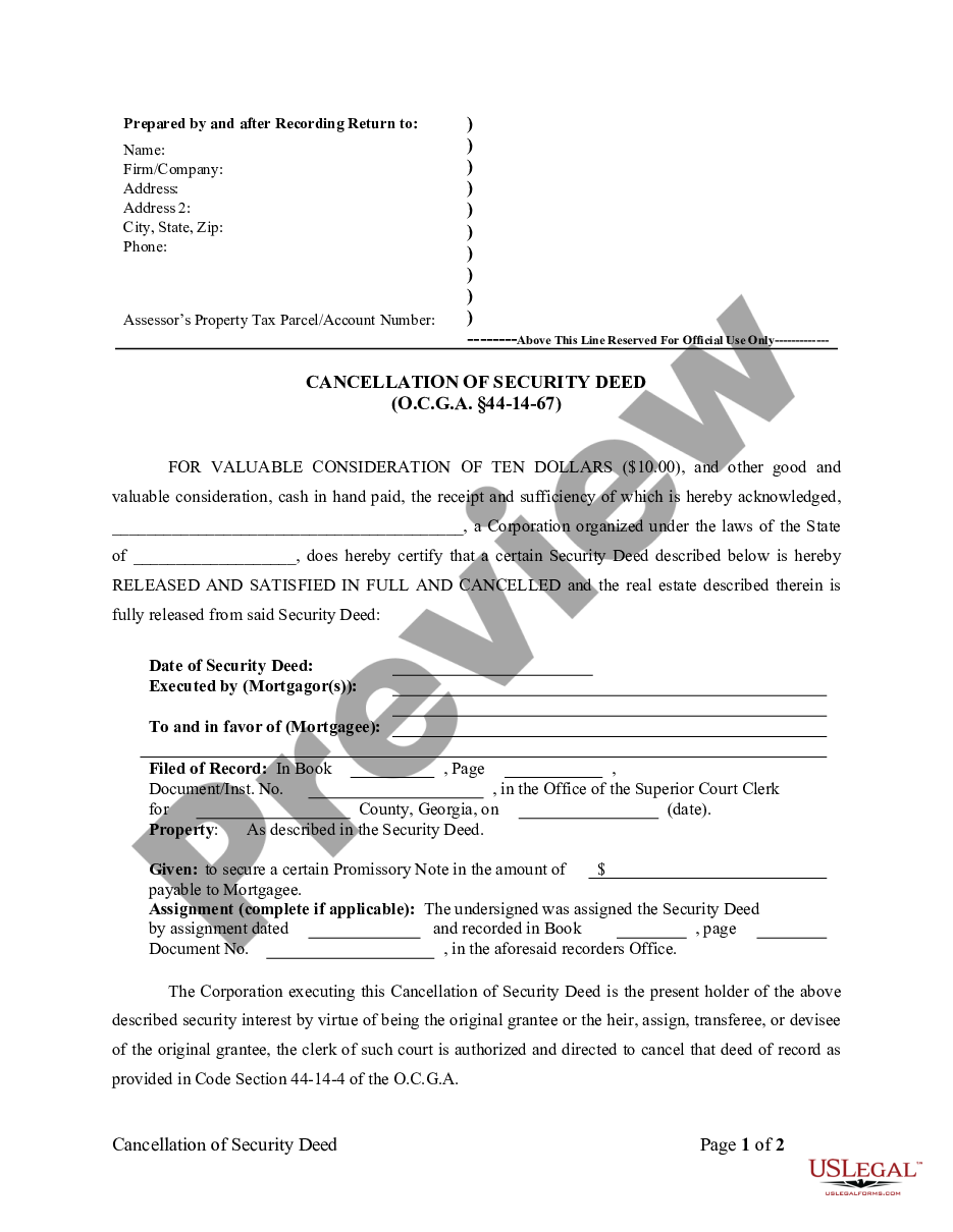 page 0 Satisfaction, Release or Cancellation of Security Deed by Corporation preview