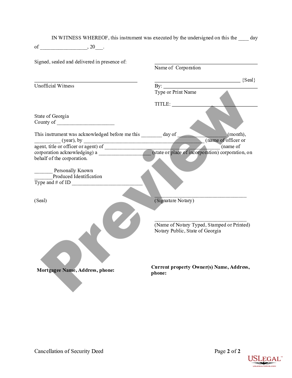 page 1 Satisfaction, Release or Cancellation of Security Deed by Corporation preview