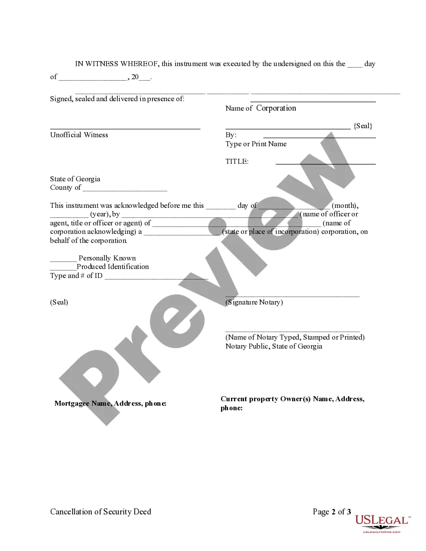 Preview Satisfaction, Release or Cancellation of Security Deed by Corporation