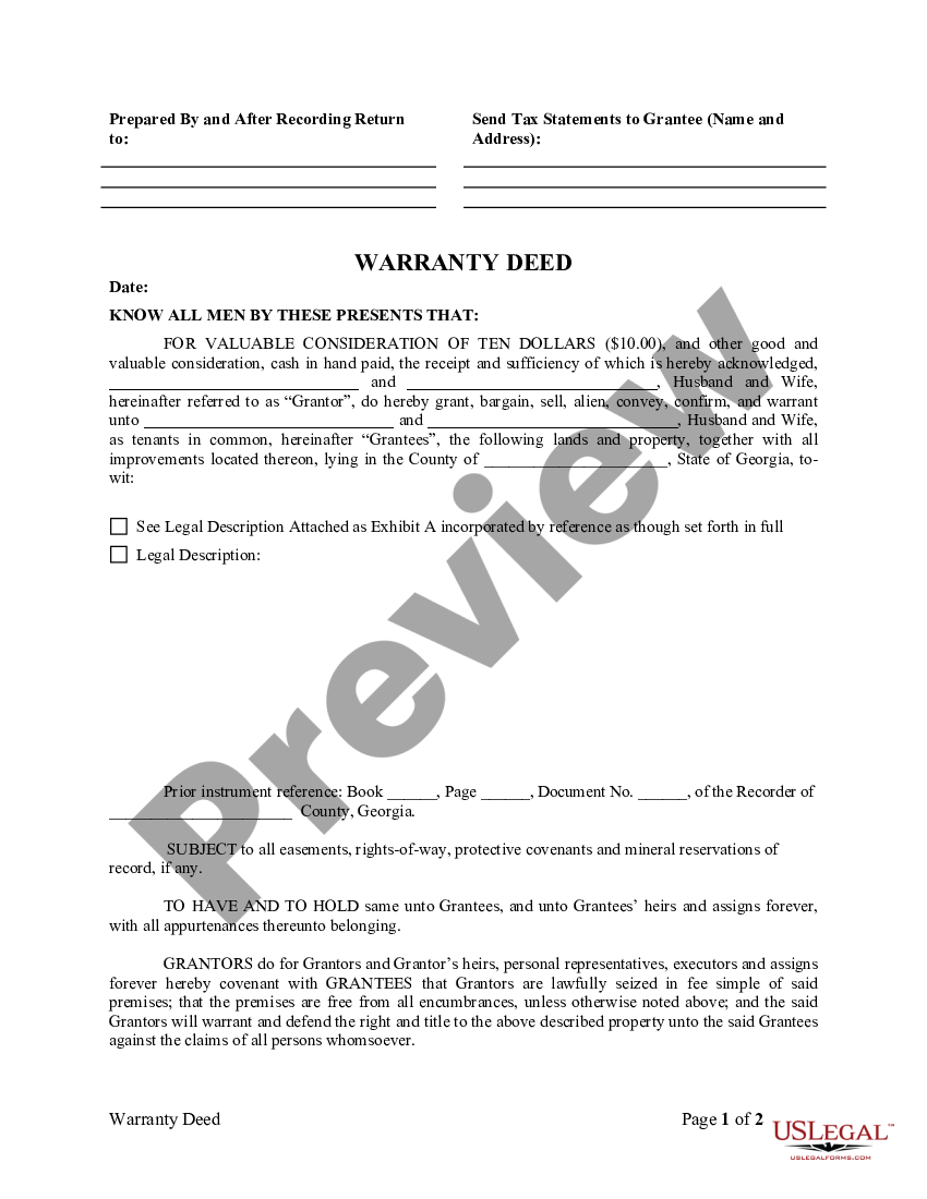 Georgia Warranty Deed Husband And Wife To Husband And Wife Us Legal Forms