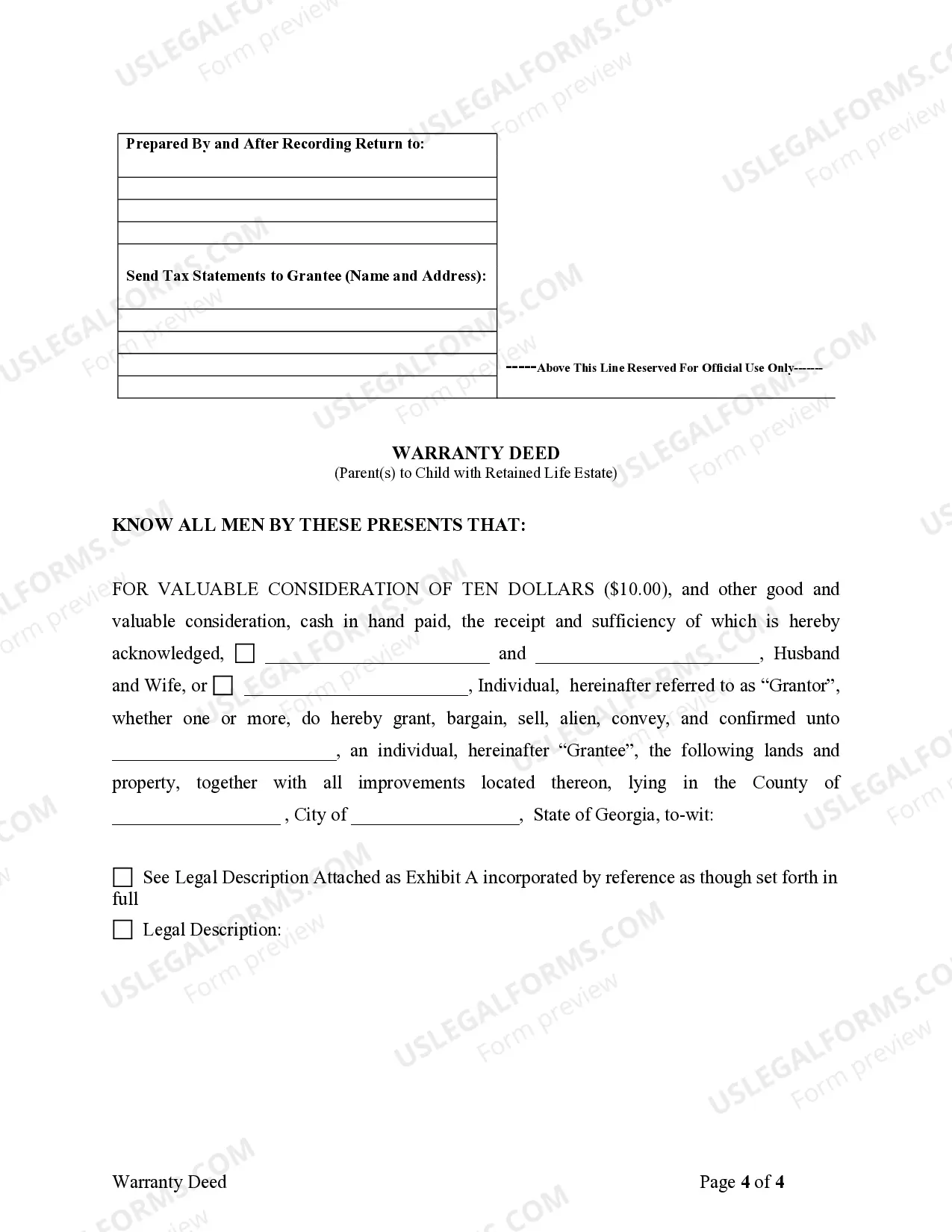 Preview Warranty Deed for Parents to Child with Reservation of Life Estate