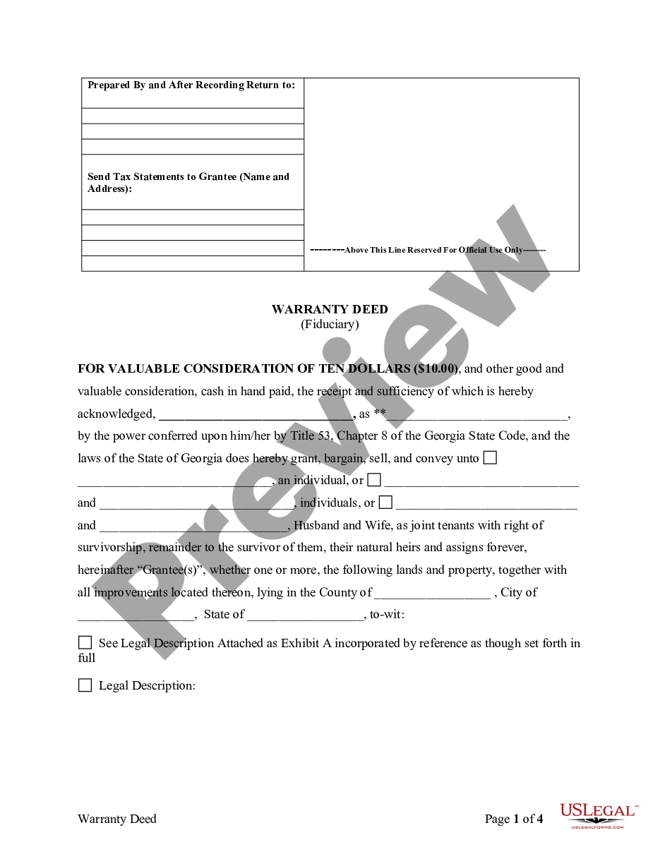 Georgia Fiduciary Deed For Use By Executors Trustees Trustors Fiduciary Agreement Template 7364