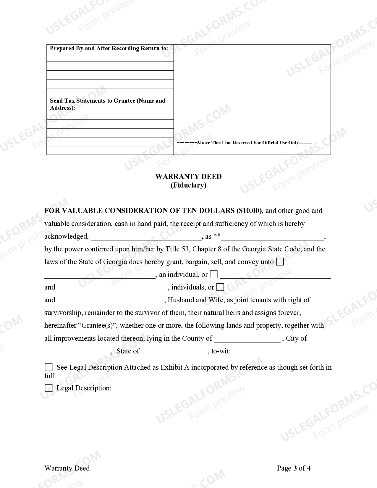 Fiduciary Deed for use by Executors, Trustees, Trustors