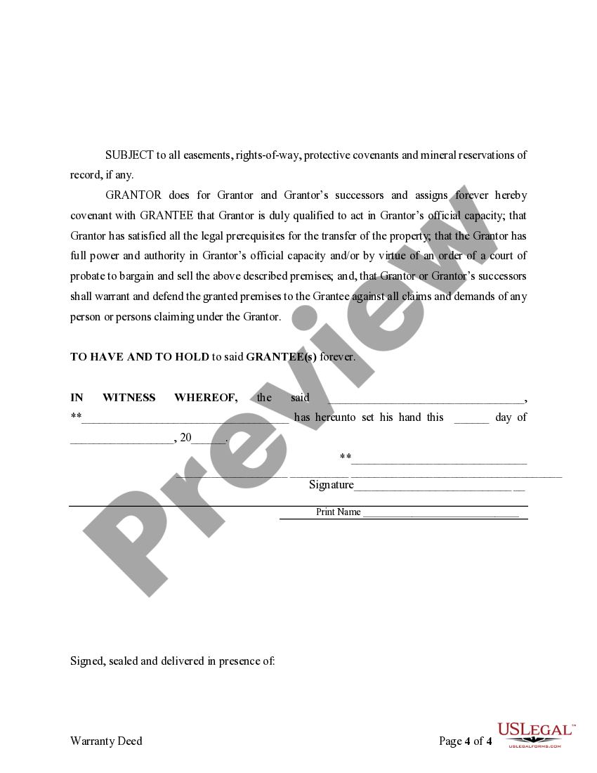 Fiduciary Deed for use by Executors, Trustees, Trustors