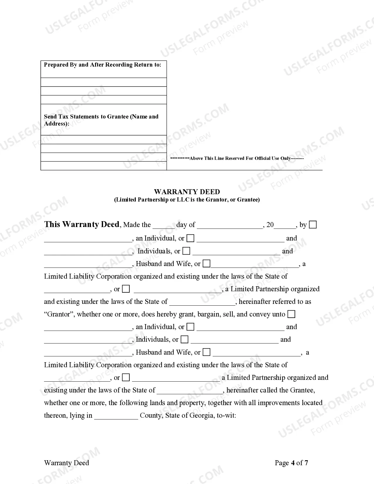 Preview Warranty Deed from Limited Partnership or LLC is the Grantor, or Grantee