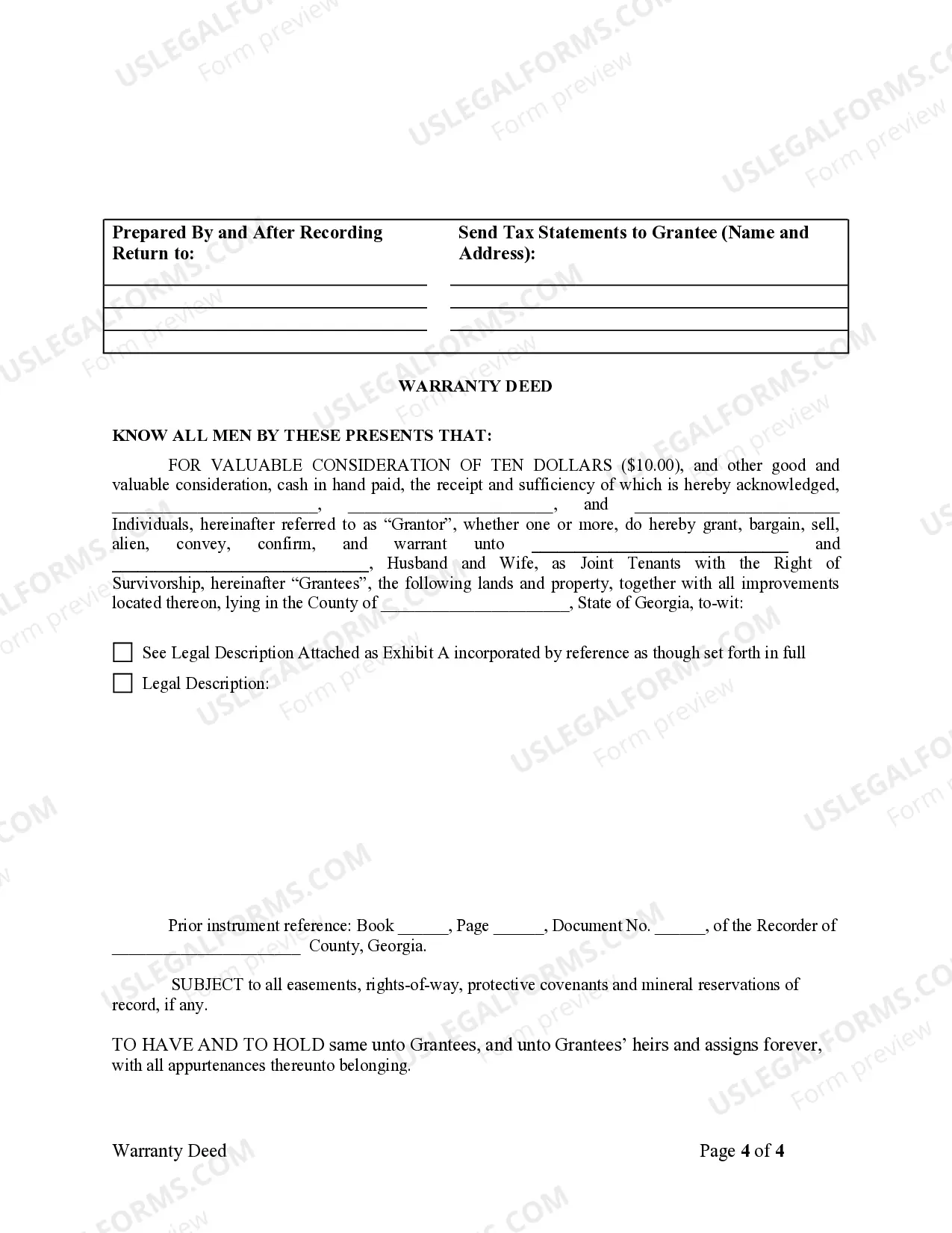 Preview Warranty Deed for Three Individuals to Husband and Wife as Joint Tenants with the Right of Survivorship