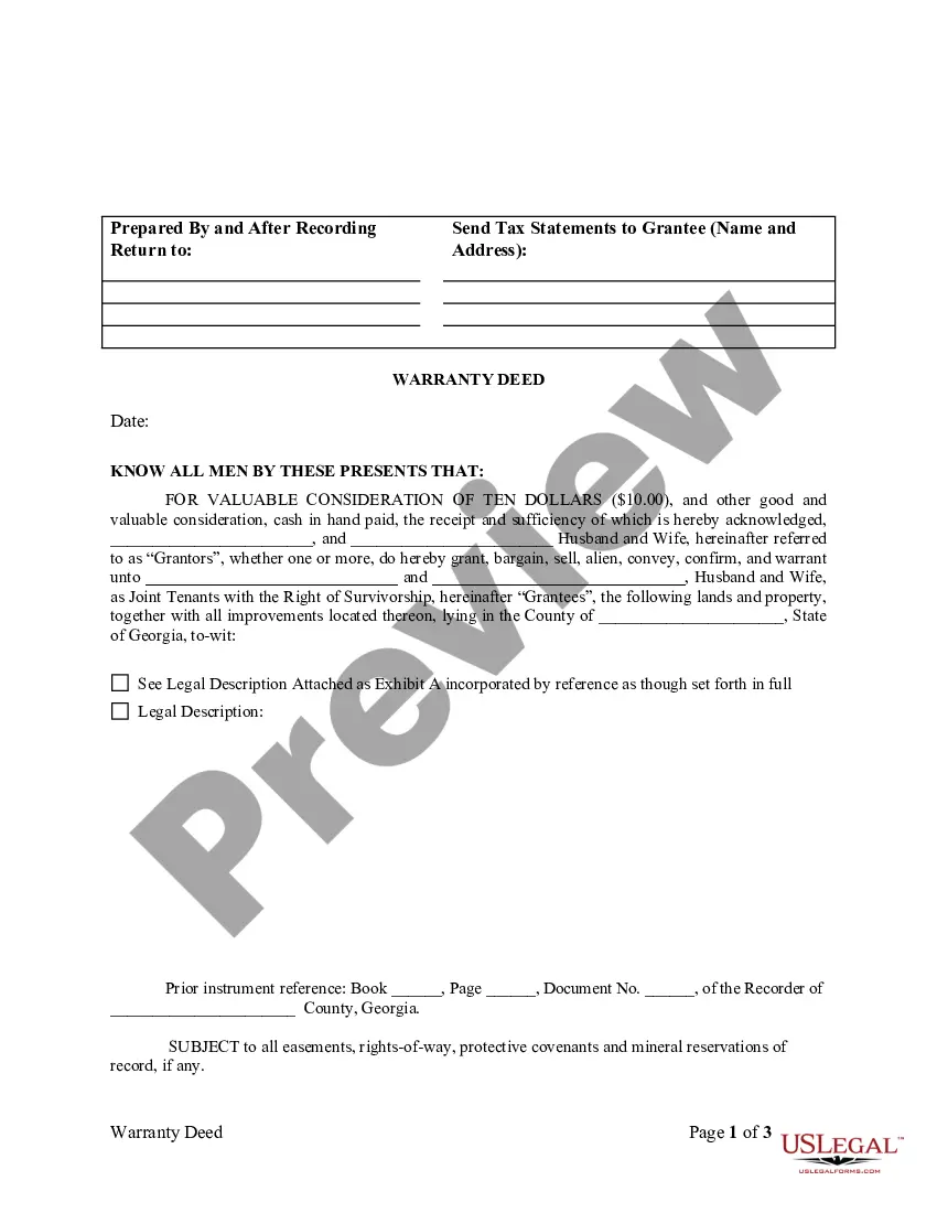 Get Warranty Deed for Husband and Wife to Husband and Wife as Joint Tenants with Rights of Survivorship Preview Warranty Deed for Husband and Wife to Husband and Wife as Joint Tenants with Rights of Survivorship