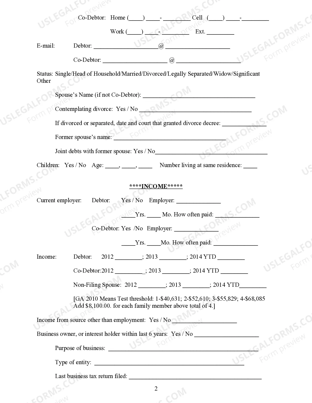 Preview Bankruptcy Intake Questionnaire