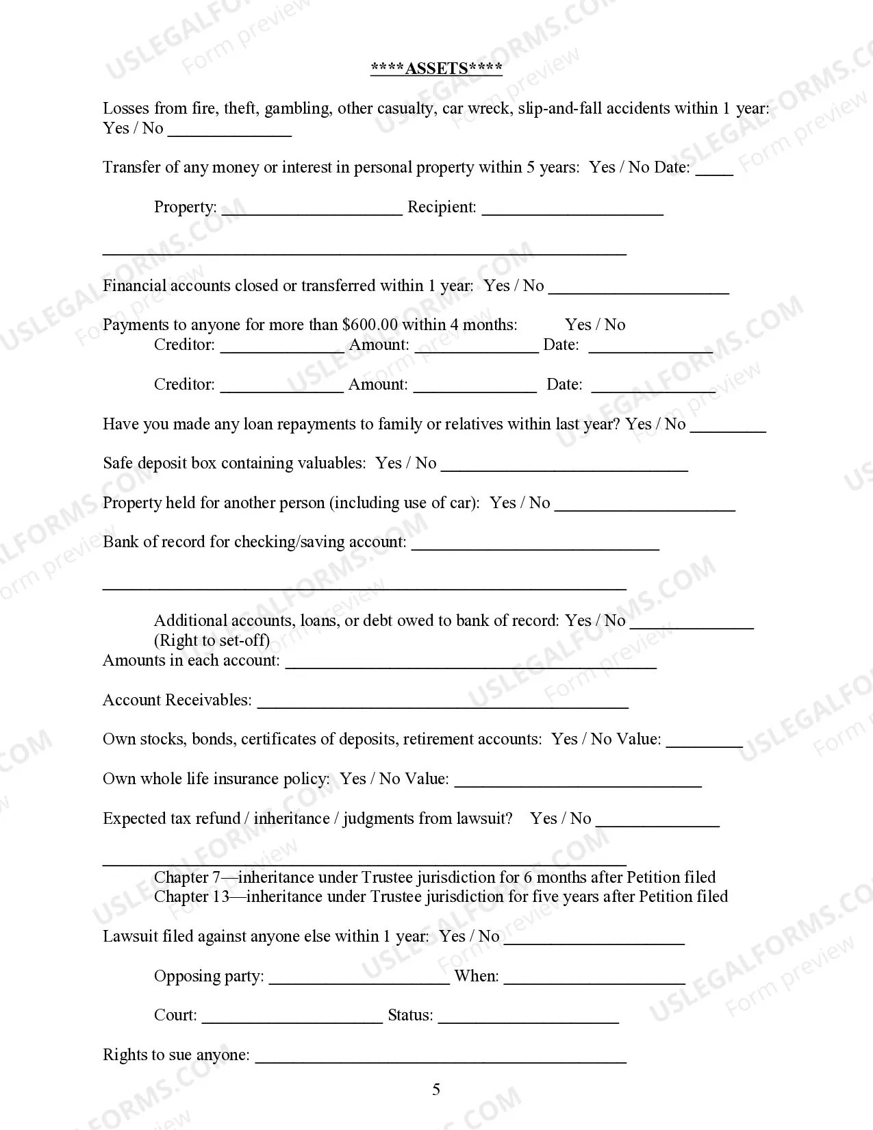 Preview Bankruptcy Intake Questionnaire