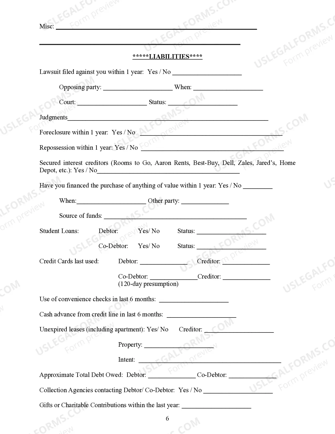 Preview Bankruptcy Intake Questionnaire