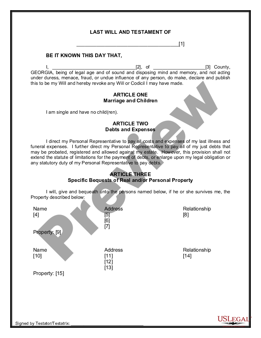 Legal Last Will and Testament Form for Single Person with No