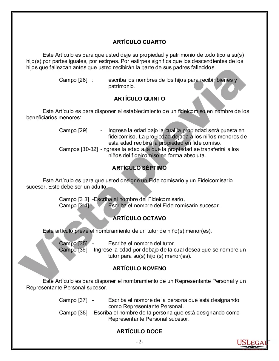 Preview Formulario Legal de Última Voluntad y Testamento para una Persona Soltera con Hijos Menores