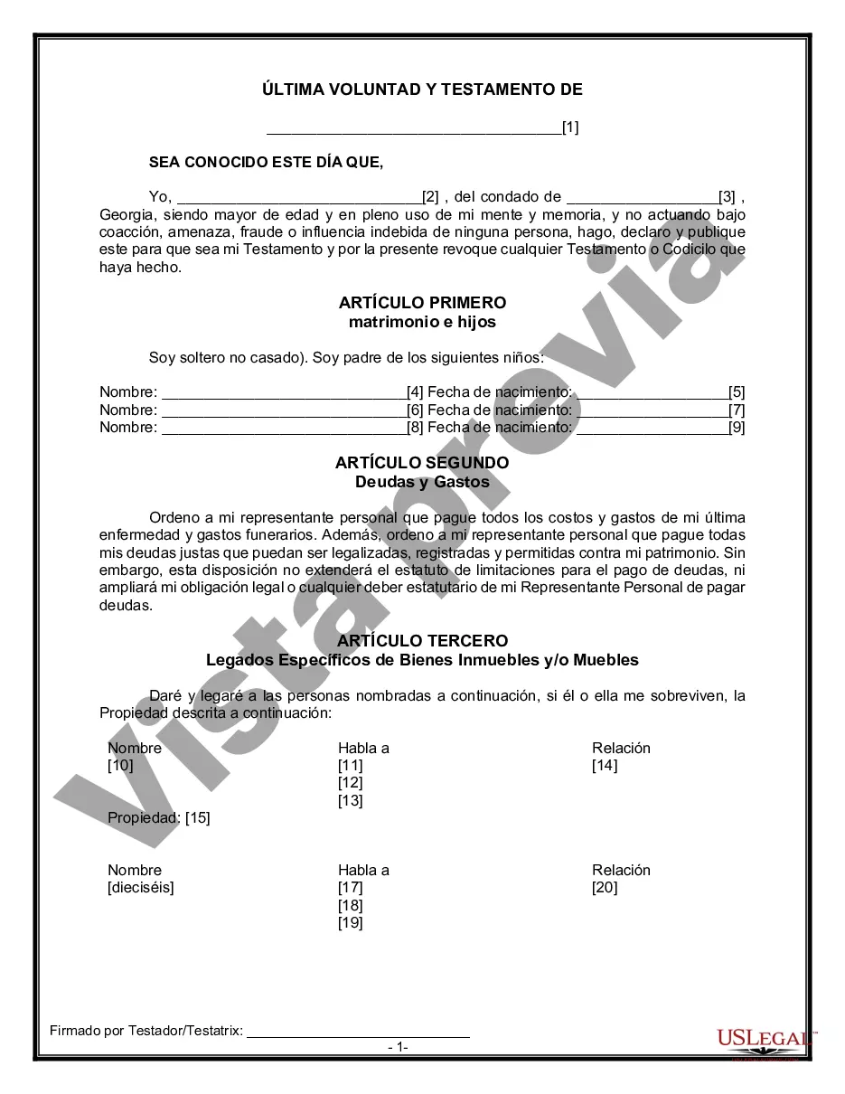 Preview Formulario Legal de Última Voluntad y Testamento para Persona Soltera con Hijos Adultos y Menores