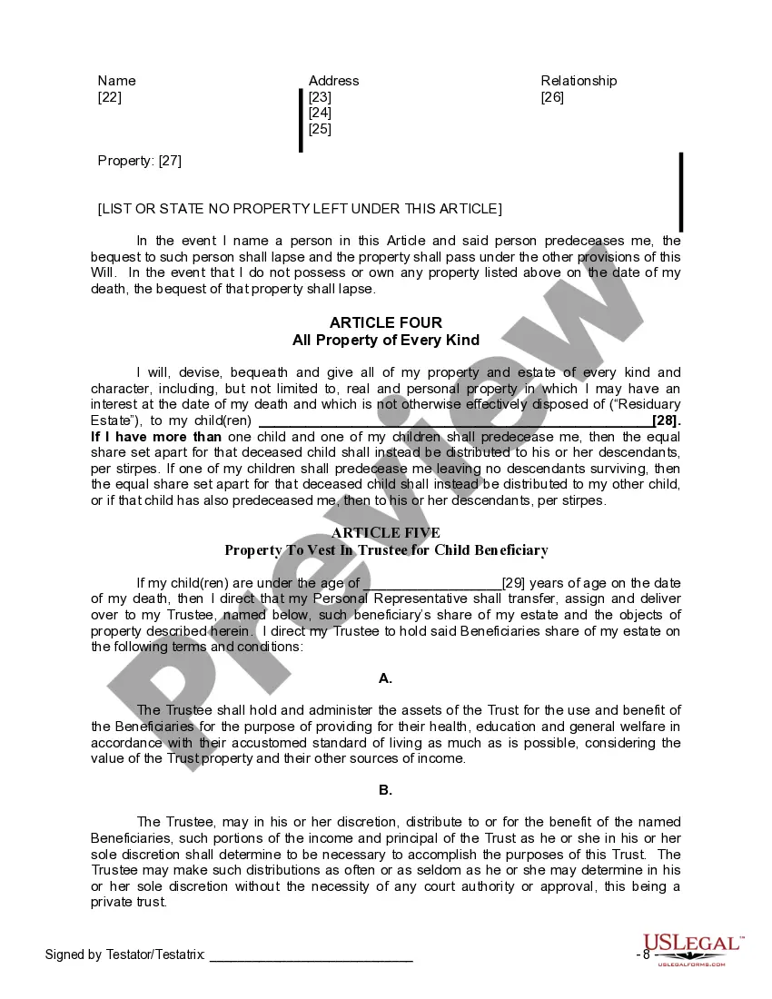 Preview Last Will and Testament for Single Person with Adult and Minor Children