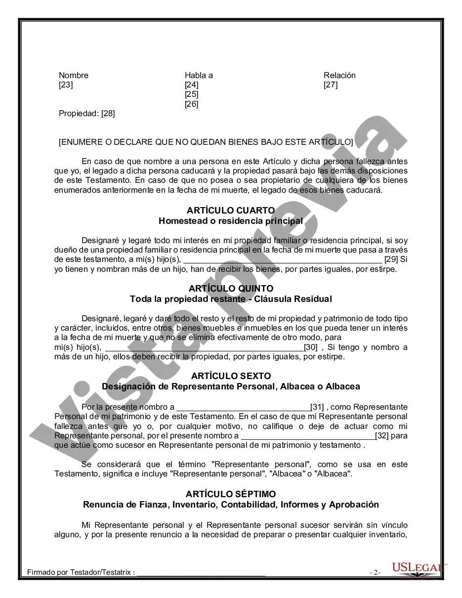 Preview Formulario de última voluntad y testamento legal para personas divorciadas que no se han vuelto a casar con hijos adultos
