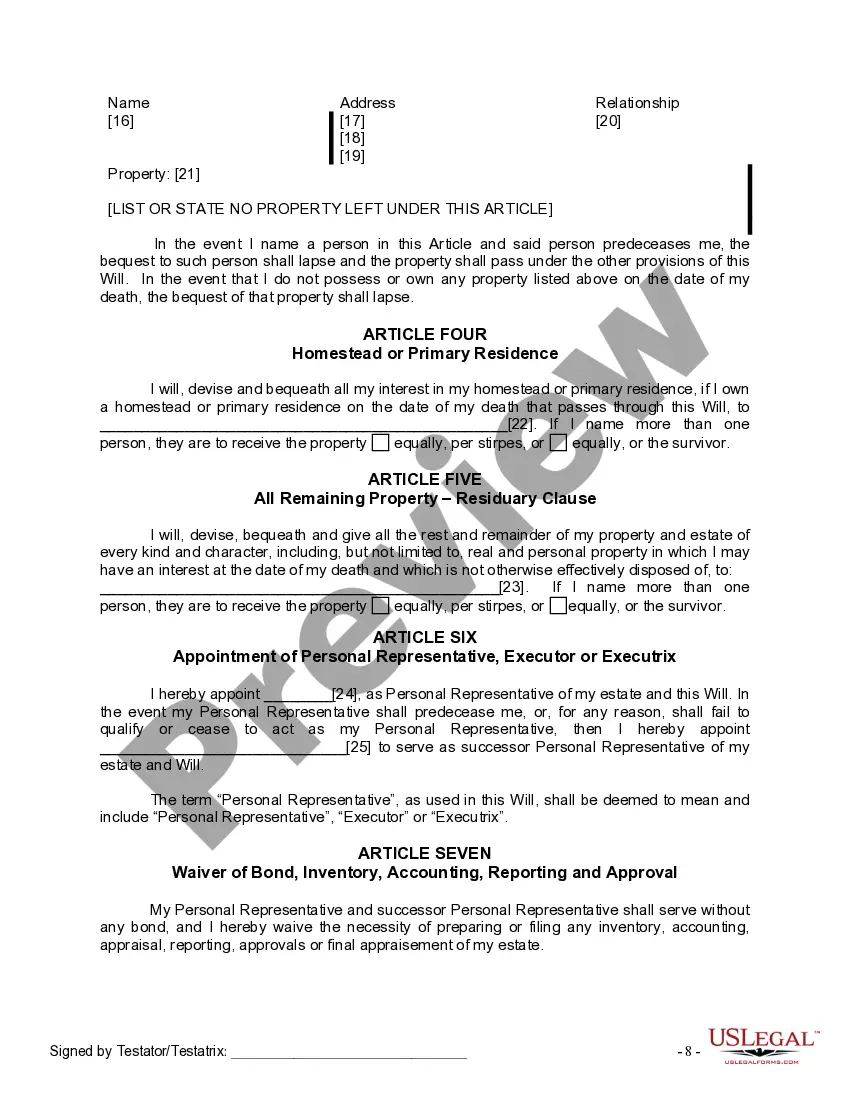 Preview Last Will and Testament for Divorced Person Not Remarried with No Children