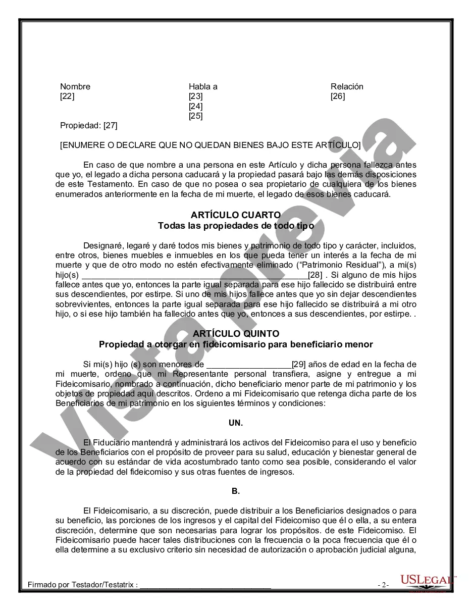 Preview Formulario de última voluntad y testamento legal para personas divorciadas que no se han vuelto a casar con hijos menores