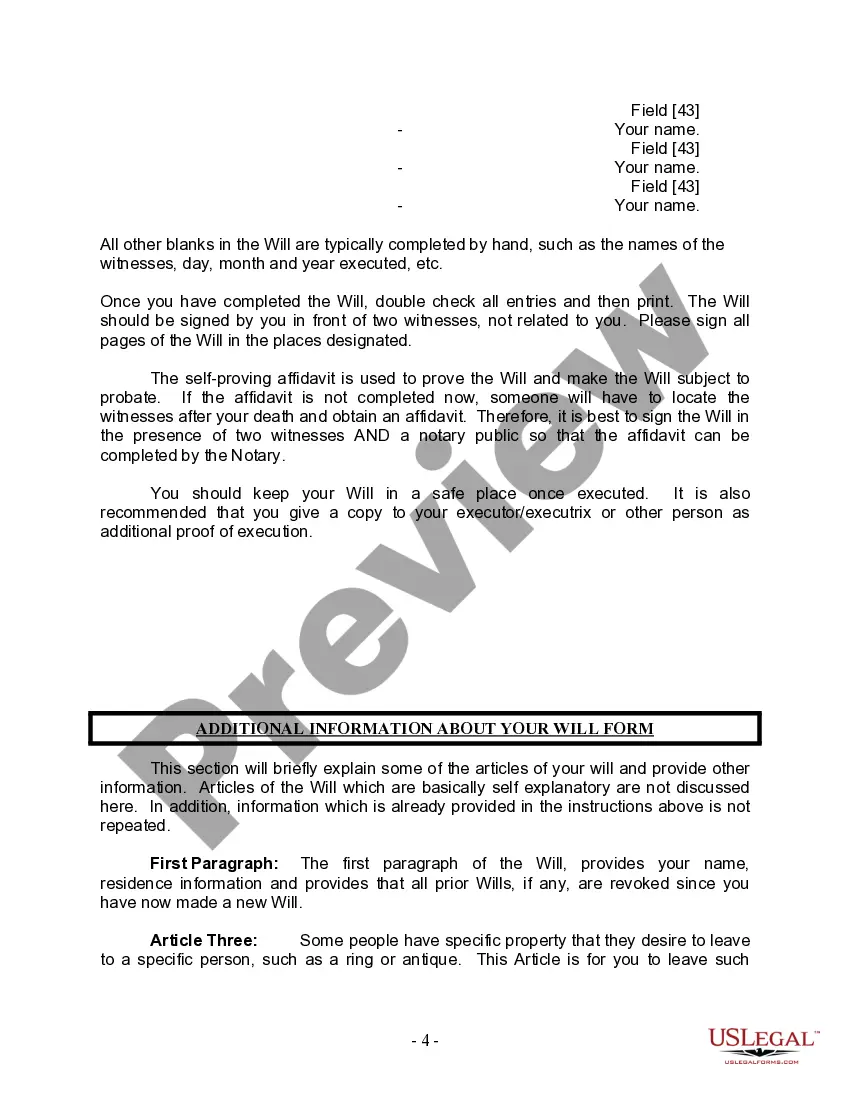 Preview Last Will and Testament for Divorced person not Remarried with Minor Children