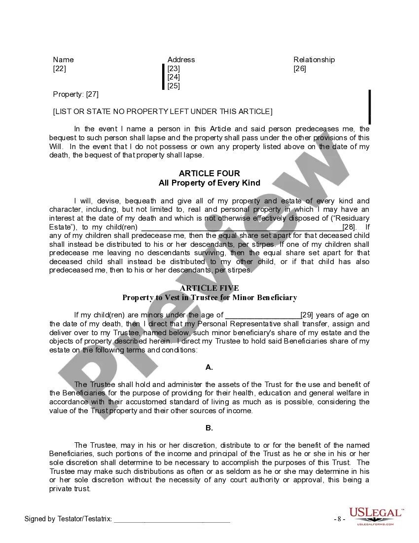 Preview Last Will and Testament for Divorced person not Remarried with Minor Children