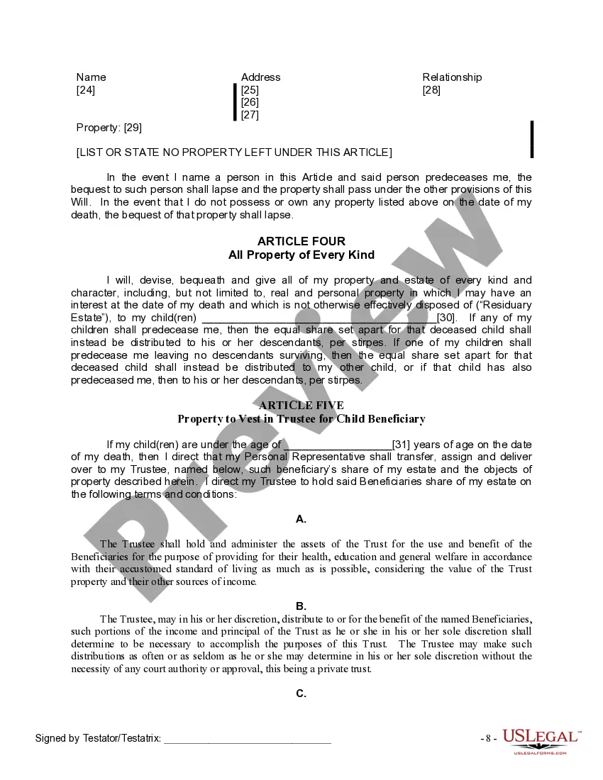 Preview Last Will and Testament for Divorced Person Not Remarried with Adult and Minor Children