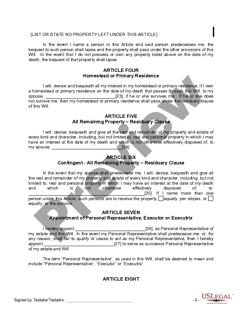 Preview Last Will and Testament for a Married Person with No Children