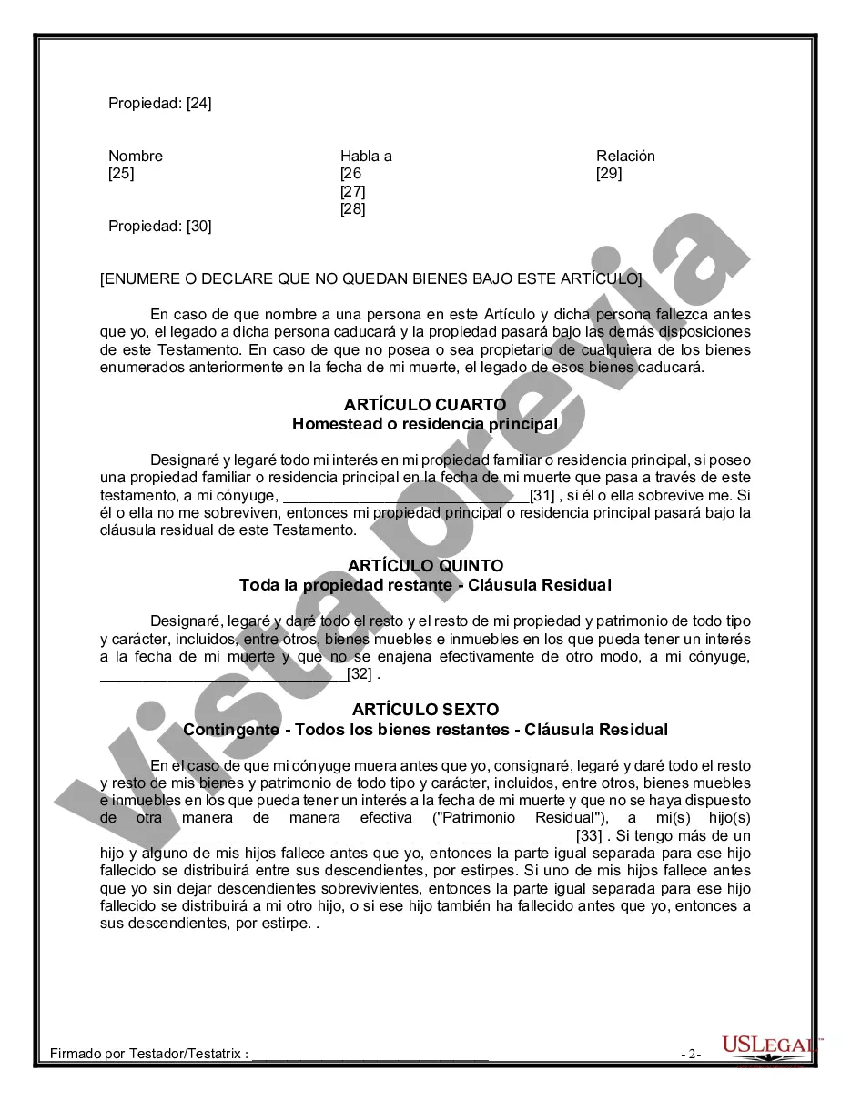 Get Formulario de última voluntad y testamento legal para persona casada con hijos menores Preview Formulario de última voluntad y testamento legal para persona casada con hijos menores