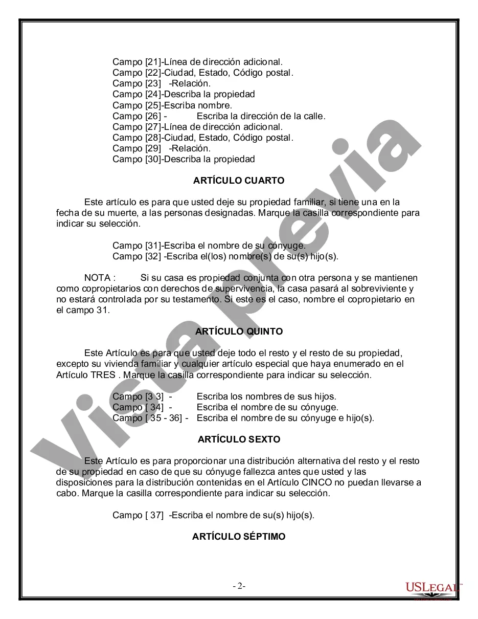 Preview Formulario Legal de Última Voluntad y Testamento para Persona Casada con Hijos Adultos y Menores de Matrimonio Anterior