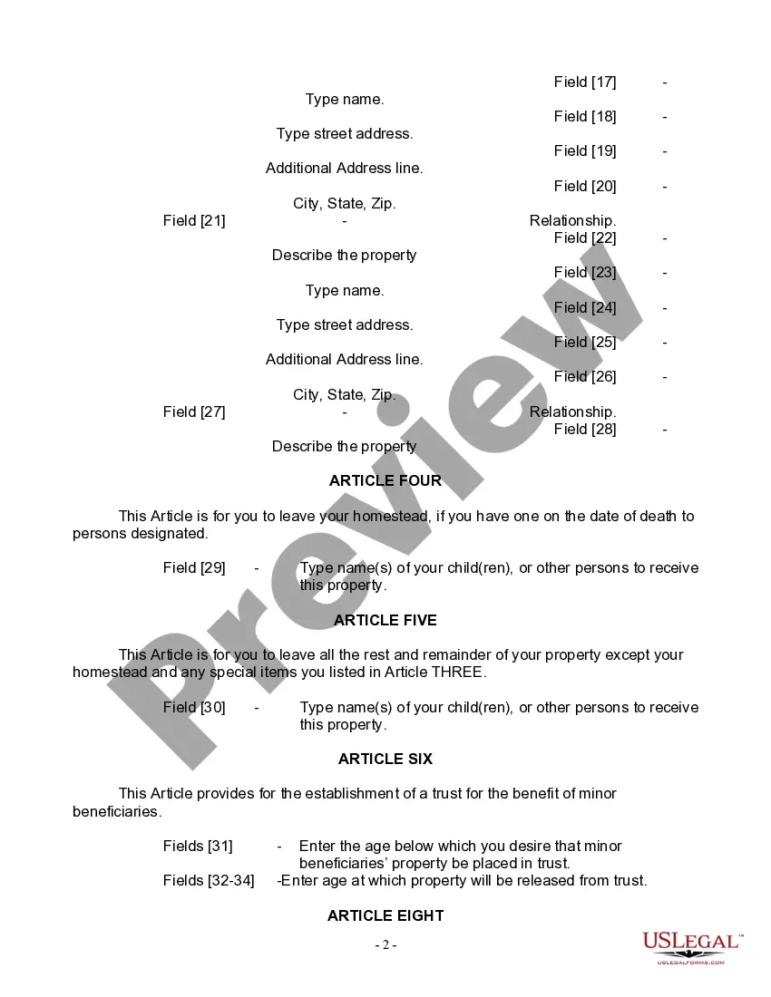 Preview Last Will and Testament for Widow or Widower with Minor Children