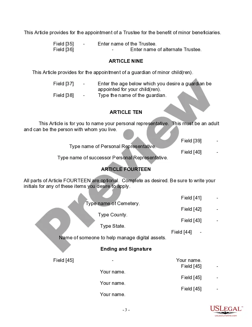 Preview Last Will and Testament for Widow or Widower with Minor Children