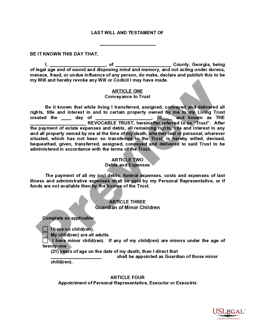 Preview Last Will and Testament with All Property to Trust called a Pour Over Will