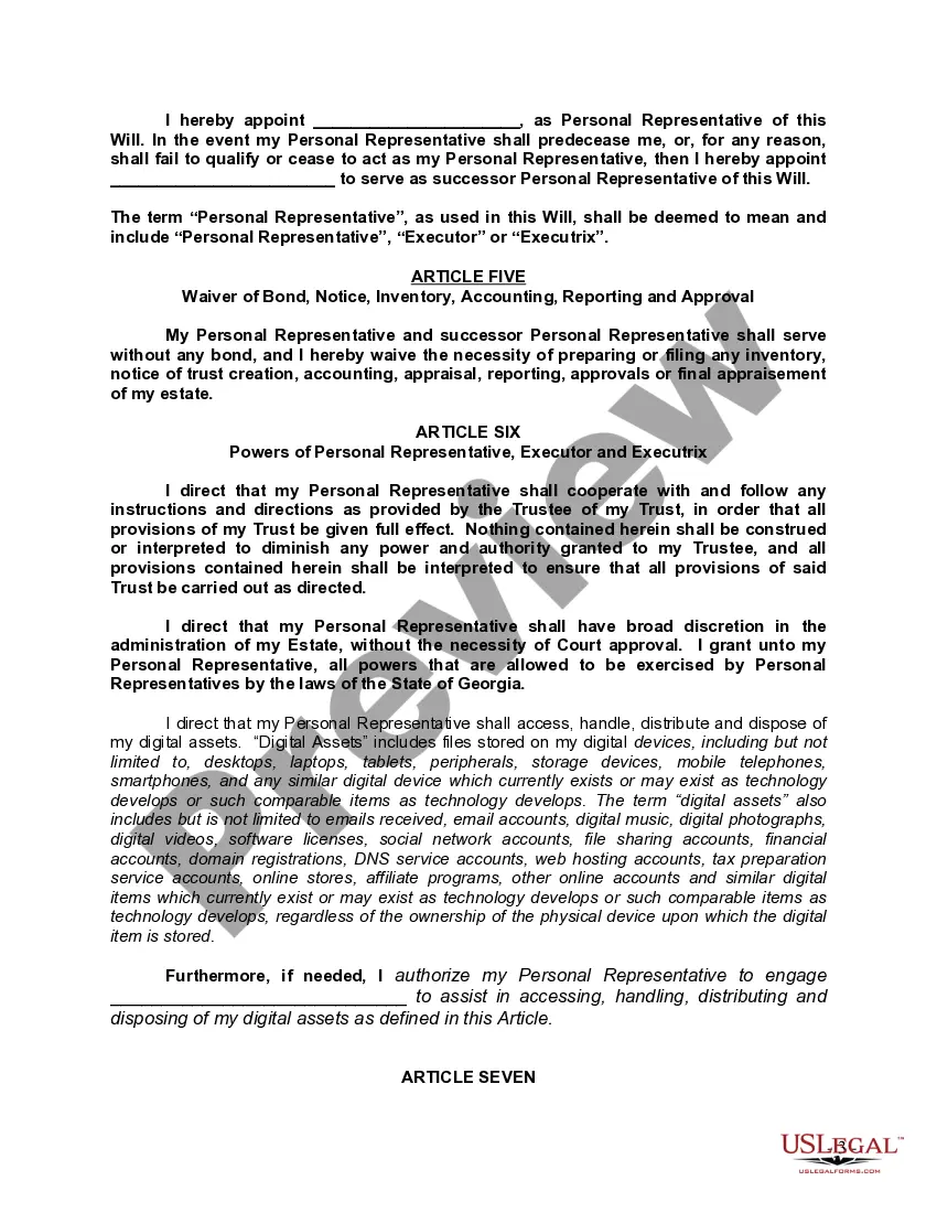 Preview Last Will and Testament with All Property to Trust called a Pour Over Will